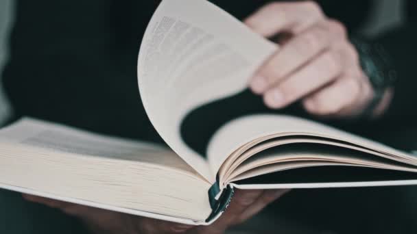 Reading Book Turning Pages Close Young Man Hands Holding Book — Stock Video