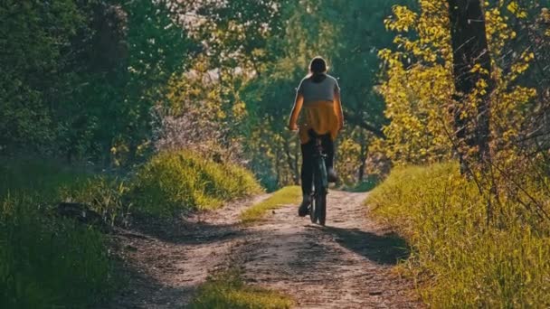 Young Woman Bicycle Rides Green Forest Path Sunny Summer Day — Stockvideo