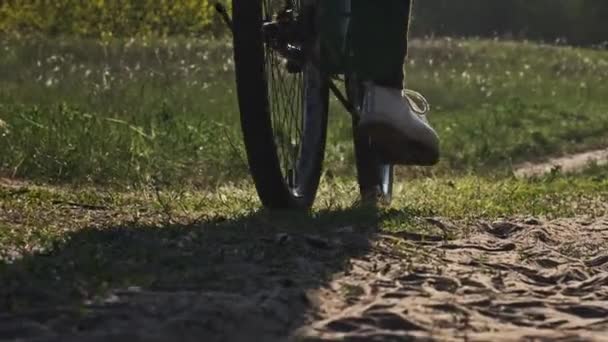 Kvinna Cykel Rider Längs Skogsstigen Ett Grönt Område Solig Sommardag — Stockvideo