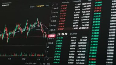 Ekranda şifreli döviz çizelgesinin zamanı. Bitcoin para biriminin borsa çizelgesi. Borsadaki USD ve BTC 'nin grafiksel dijital alıntıları. Fiyat evrimi ile Bitcoin ticareti
