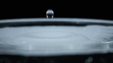 Su damlası su yüzeyine yavaş çekimde düşer, süper makro çekim. Su yüzeyine çarptıktan sonra farklı daireler oluşur. Sıvının yüzey geriliminin etkisi. 240 fps.