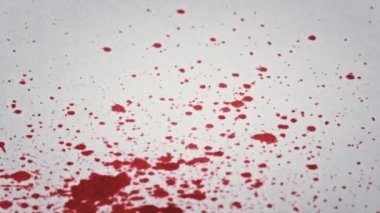 Makrodaki beyaz kağıda kan damlaları düşer. Kırmızı kan beyaz kağıda karışır. Kağıda kırmızı mürekkep damlatıyor. Gore beyaz bir yüzeye sıçrıyor. Kan lekeleri beyaz arka planda görünüyor. Yakın plan.
