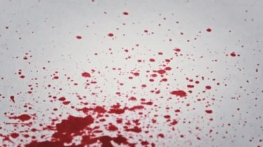 Kırmızı Kan Beyaz Kağıda Damlıyor, Macro Shot. Kan damlaları kağıt dokusuna karışır. Kırmızı mürekkep kağıda damlıyor. Gore beyaz bir yüzeye sıçrıyor. Kan lekeleri beyaz arkaplanda görünüyor.
