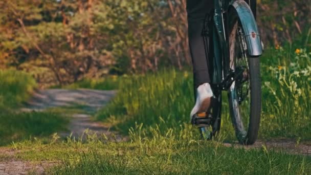 Giovane Donna Bicicletta Lungo Sentiero Verde Della Foresta Nella Soleggiata — Video Stock