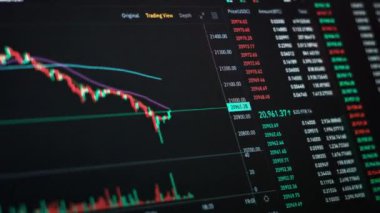 Ekranda şifreli döviz çizelgesinin zamanı. Bitcoin para biriminin borsa çizelgesi. Borsadaki USD ve BTC 'nin grafiksel dijital alıntıları. Fiyat evrimi ile Bitcoin ticareti