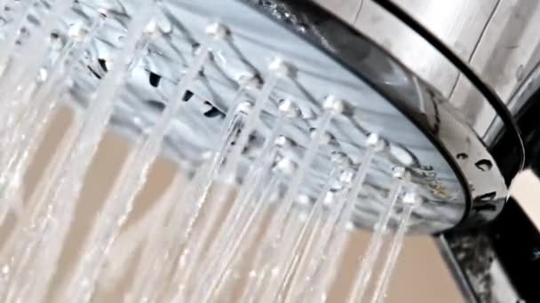 Macro Shot Water Drops Flowing Shower Head Bathroom Slow Motion — Stock video