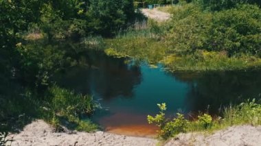Yeşil bitki örtüsü ile nehir kıyısının yeşil doğası. Yeşil yosunlu temiz bir nehir. Güneşli yaz havası, yüksek kıyılar. Ukrayna 'daki saf doğanın panoramik görüntüsü.