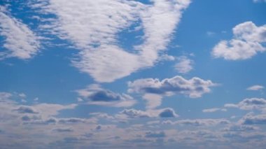 Beyaz bulutlar mavi gökyüzünde hareket eder ve çözülür, Timelapse. Kabarık tüylü sirrus bulutları bulut uzayında şekil değiştirir. Görkemli gökyüzü. Yaz bulutları, zaman atlaması. Hava değişimi. Bulutlar arka planda. 4K