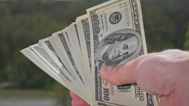 男性の手は緑の自然を背景にファンのような古いドル札を示しています 100ドル札をたくさん持っている若い男の手 米国の銀行券の山屋外 利益の概念 紙幣の節約 — ストック動画
