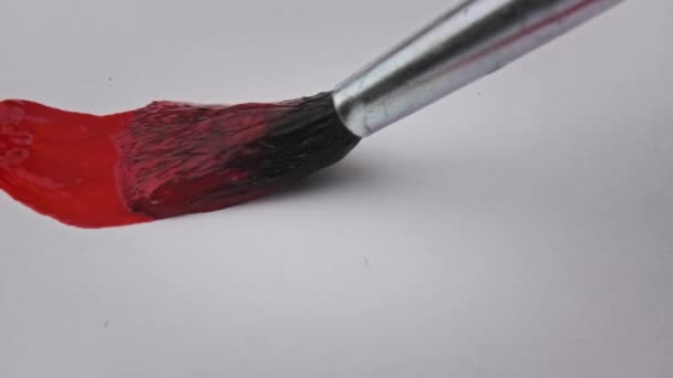 Brush Red Paint Draws Line White Paper Super Macro Drawing — Vídeo de Stock