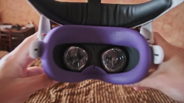 Point View Man Taking Helmet Bedroom Pov Putting Glasses Virtual — Video