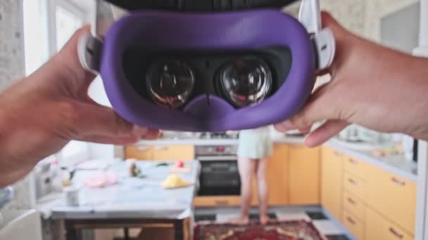Man Taking Helmet Home Kitchen Point View Pov Putting Virtual — Stockvideo