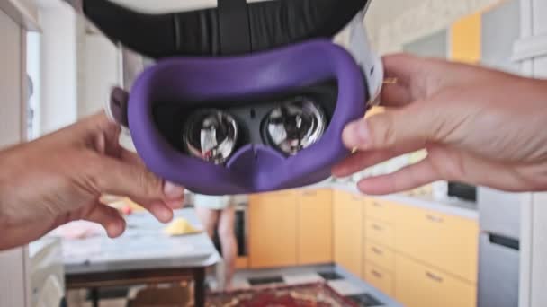 Pov Man Taking Helmet Home Kitchen Point View Putting Virtual — Stockvideo