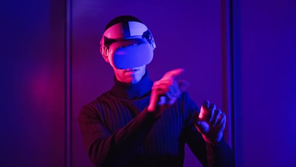 Young Man Helmet Interacts Virtual Reality Media Content Concept Male — Vídeos de Stock