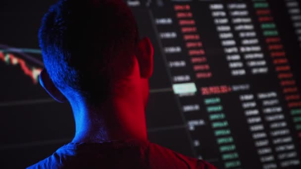 Trader Analyze Cryptocurrency Charts Big Screen Dark Rear View Man — 图库视频影像