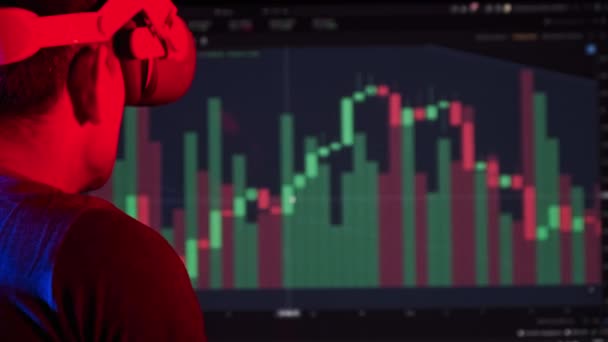 Trader Virtual Reality Helmet Looks Cryptocurrency Charts Young Man Analyzes — Stock Video