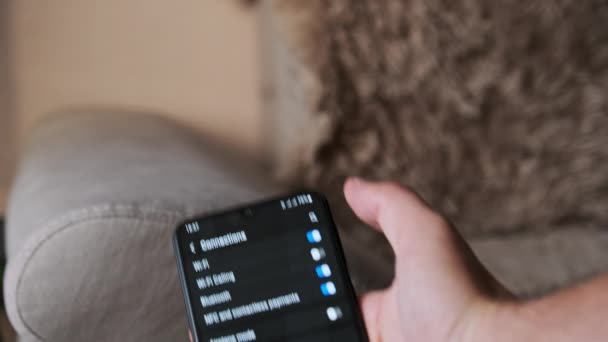 Turning Smartphone Wifi Button Turned Mobile Phone Connections Menu Male — Vídeo de stock