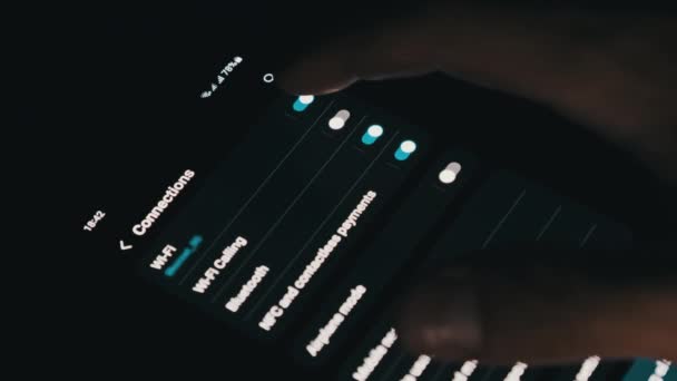Turning Smartphone Wifi Button Turned Mobile Phone Connections Menu Male — Vídeo de stock