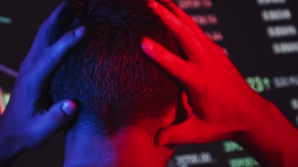 Trader Analyze Cryptocurrency Charts Big Screen Dark Rear View Man — Stockvideo