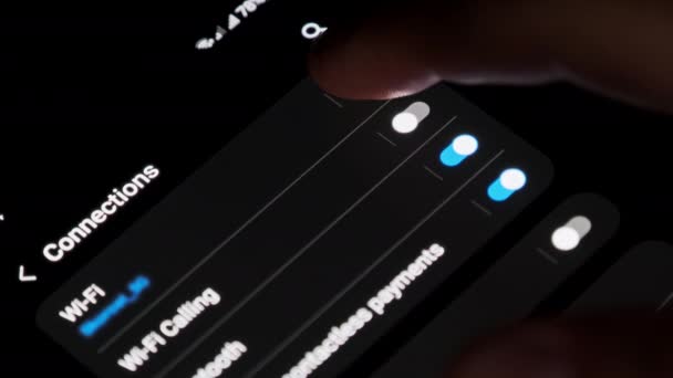 Turning Smartphone Wifi Button Turned Mobile Phone Connections Menu Male — Stockvideo