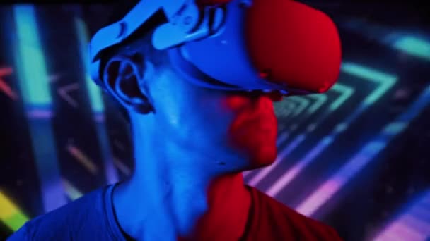 Young Man Helmet Interacts Virtual Reality Media Content Male Plays — Stockvideo