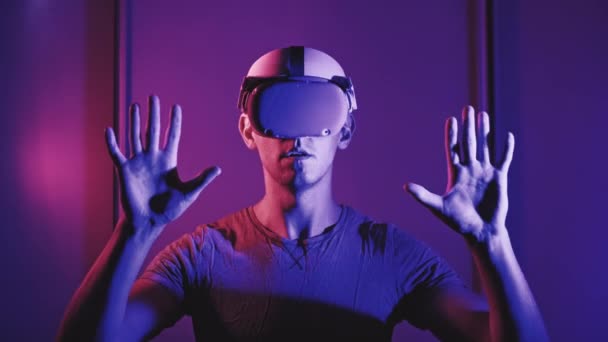 Young Man Helmet Interacts Virtual Reality Media Content Concept Male — Stockvideo