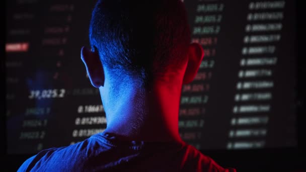 Trader Analyze Cryptocurrency Charts Big Screen Dark Rear View Man — Vídeos de Stock