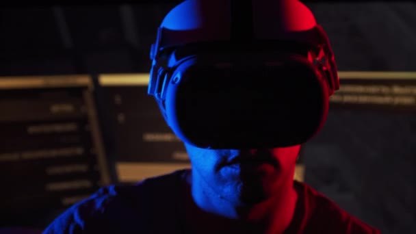 Young Man Helmet Interacts Virtual Reality Media Content Male Plays — Stockvideo