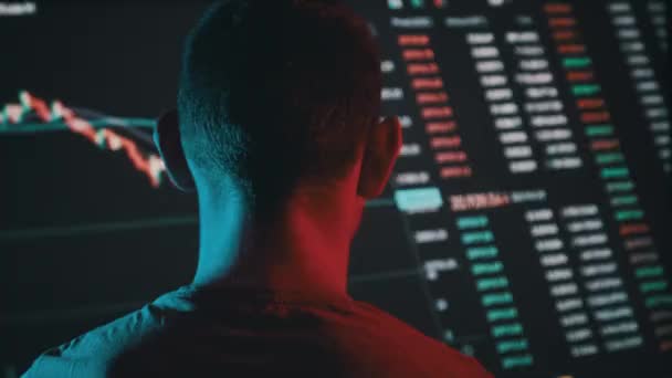 Trader Analyze Cryptocurrency Charts Big Screen Dark Rear View Man — Vídeo de Stock