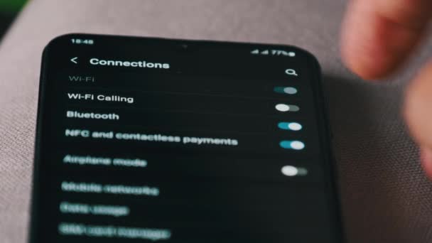 Turning Smartphone Wifi Button Turned Mobile Phone Connections Menu Male — Stock videók