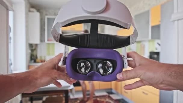 Man Taking Helmet Home Kitchen Point View Pov Putting Virtual — Stockvideo