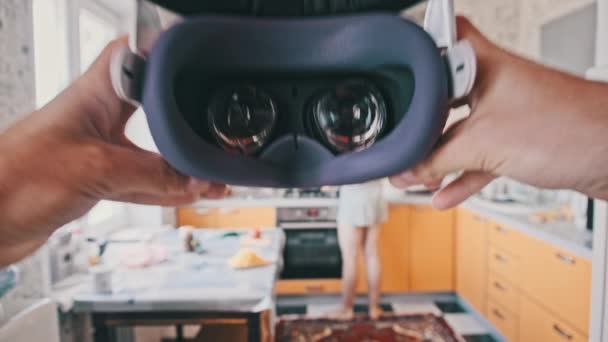 Pov Man Putting Helmet Home Kitchen Point View Taking Virtual — Video