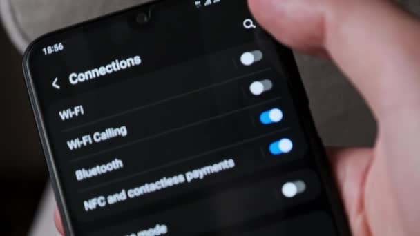 Turning Smartphone Wifi Button Turned Mobile Phone Connections Menu Male — Stok Video