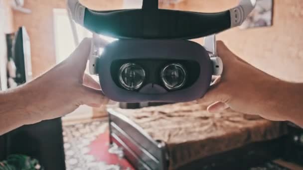Point View Man Taking Helmet Bedroom Pov Putting Glasses Virtual — Vídeo de Stock