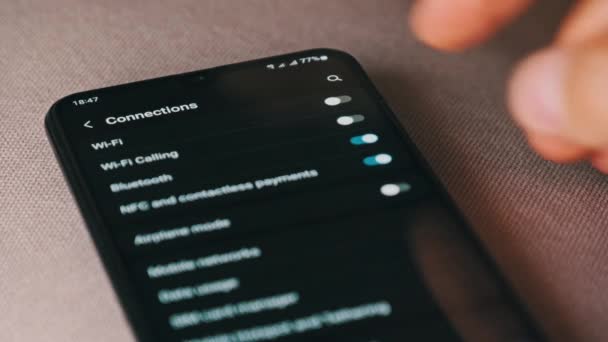 Turning Smartphone Wifi Button Turned Mobile Phone Connections Menu Male — Vídeo de Stock