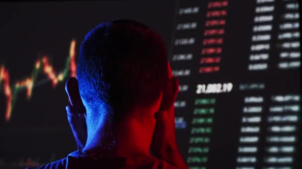 Trader Analyze Cryptocurrency Charts Big Screen Dark Rear View Man — Vídeo de Stock