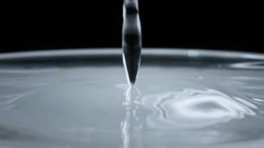 Su damlası su yüzeyine yavaş çekimde düşer, süper makro çekim. Su yüzeyine çarptıktan sonra farklı daireler oluşur. Sıvının yüzey geriliminin etkisi. 240 fps.