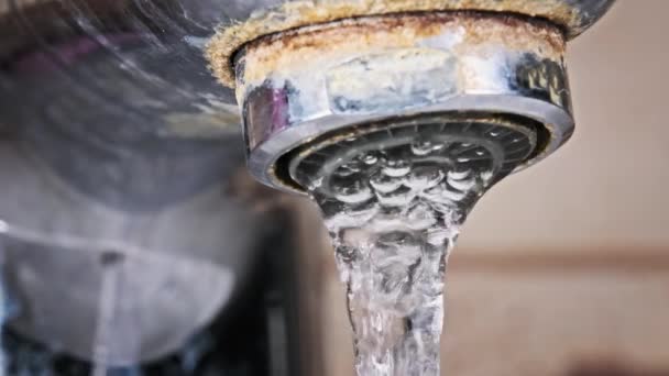 Water Flows Aerator Old Contaminated Tap Calcium Grime Sink Faucet — Video Stock