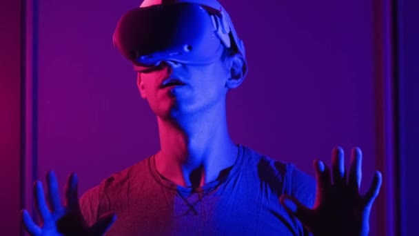 Young Man Helmet Interacts Virtual Reality Media Content Concept Male — Vídeo de Stock