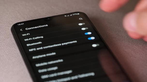 Turning Smartphone Wifi Button Turned Mobile Phone Connections Menu Male — Stock video