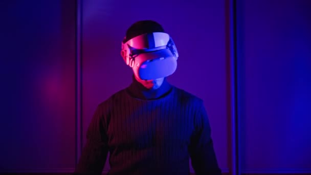 Young Man Helmet Interacts Virtual Reality Media Content Concept Male — Stock Video