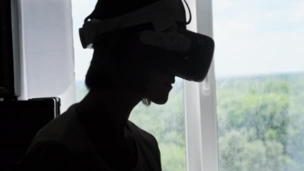 Young Woman Helmet Plays Game Home Emotional Female Using Virtual — Video