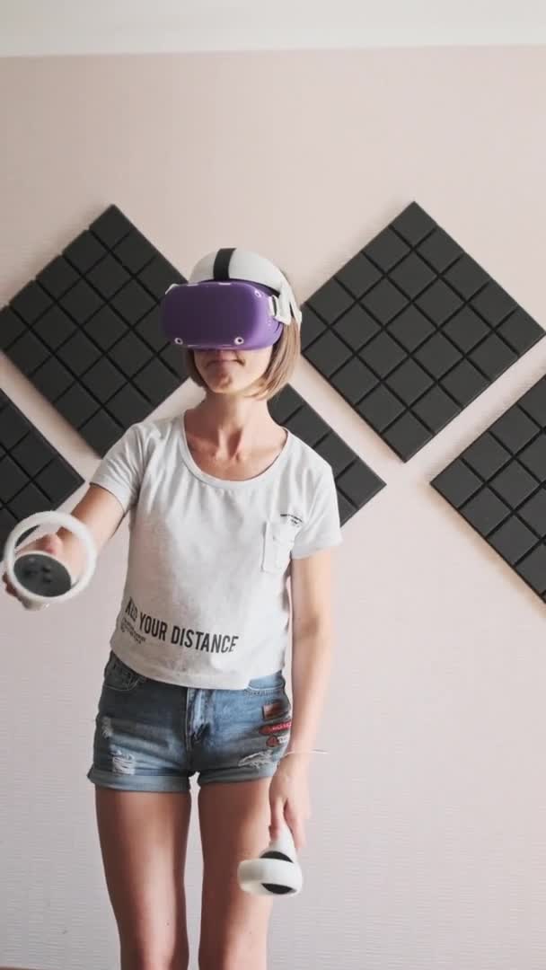 Young Woman Virtual Reality Headset Plays Game Home Emotional Female — Stock Video