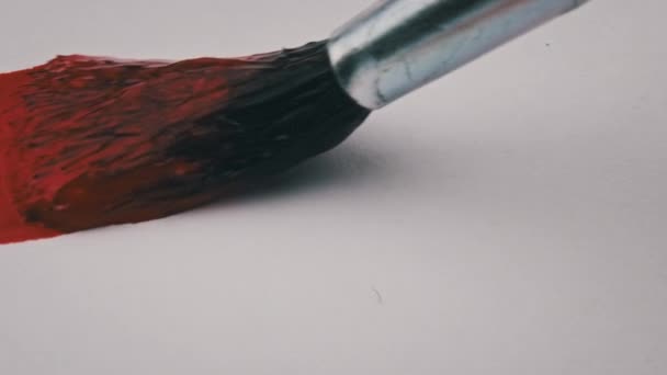 Brush Red Paint Draws Line White Paper Super Macro Drawing — ストック動画