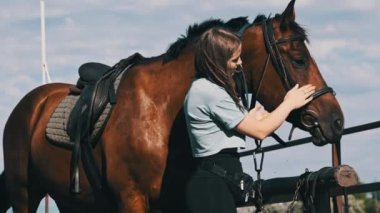 Happy woman stroking a horse on a farm in nature at summer day. Slow Motion. Beautiful girl pets brown horse near the stable. Friendship between human and animal. Mutual understanding, love for horses