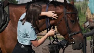 Beautiful woman pets a brown horse near the stable at summer day, slow motion. Happy woman stroking horse on ranch in nature. Friendship between human and animal. Mutual understanding, love for horses