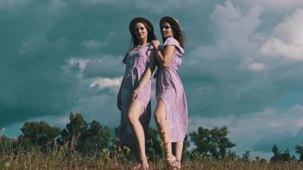 Two Young Slender Twin Girls Full Growth Identical Summer Dresses — Stockvideo