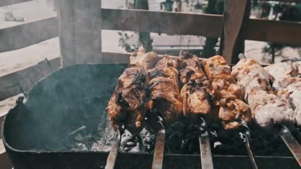 Grilling shashlik on barbecue grill outdoors. Process of cooking delicious shish kebab on a metal skewer in summer. Roast beef on BBQ. Marinated kebab grilled on charcoal. Weekend picnic. Street food