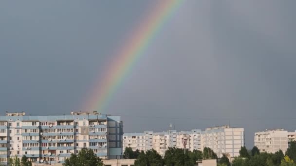 Bright Rainbow Sky City Big Colorful Rainbow Houses Strong Rainbow — Stockvideo