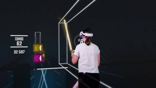 Woman Virtual Reality Helmet Plays Game Augmented Reality Player Fights — Stockvideo